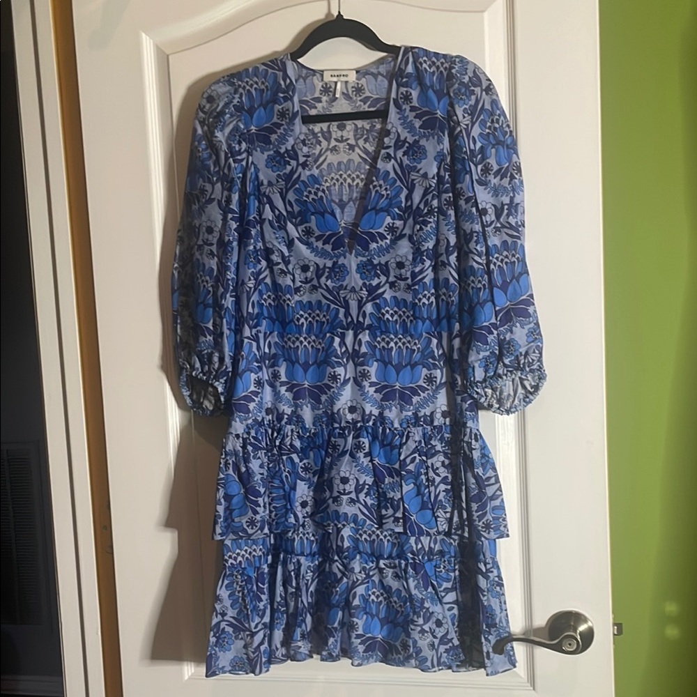 Sandro Blue Ruffled Tier dress with Bishop Sleeves size small